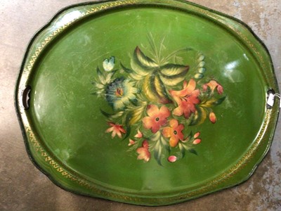 Lot 882 - Large green toleware tray of oval form with floral decoration to centre, 67 x 52cm