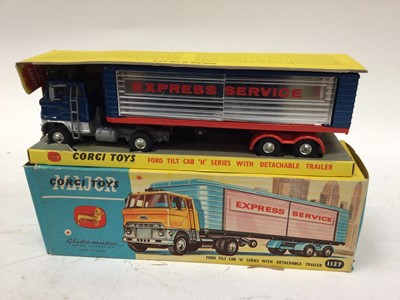 Lot 1855 - Corgi Magor Ford Tilt Cab H series with detachable trailer no. 1137, Corgi Le Dandy Coupe no. 259 both boxed plus some unboxed Chipperfield's Circus models and a fire engine.