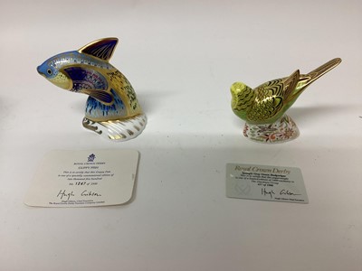 Lot 1318 - Two Royal Crown Derby limited edition paperweights - Guppy Fish, no 1247 of 2500 and Spangle Grey Green Budgerigar, no 457 of 1000, both with certificates