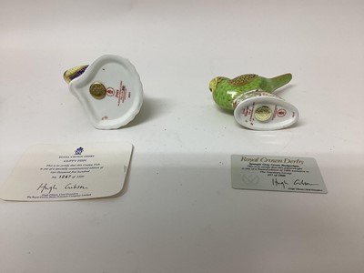 Lot 1318 - Two Royal Crown Derby limited edition paperweights - Guppy Fish, no 1247 of 2500 and Spangle Grey Green Budgerigar, no 457 of 1000, both with certificates