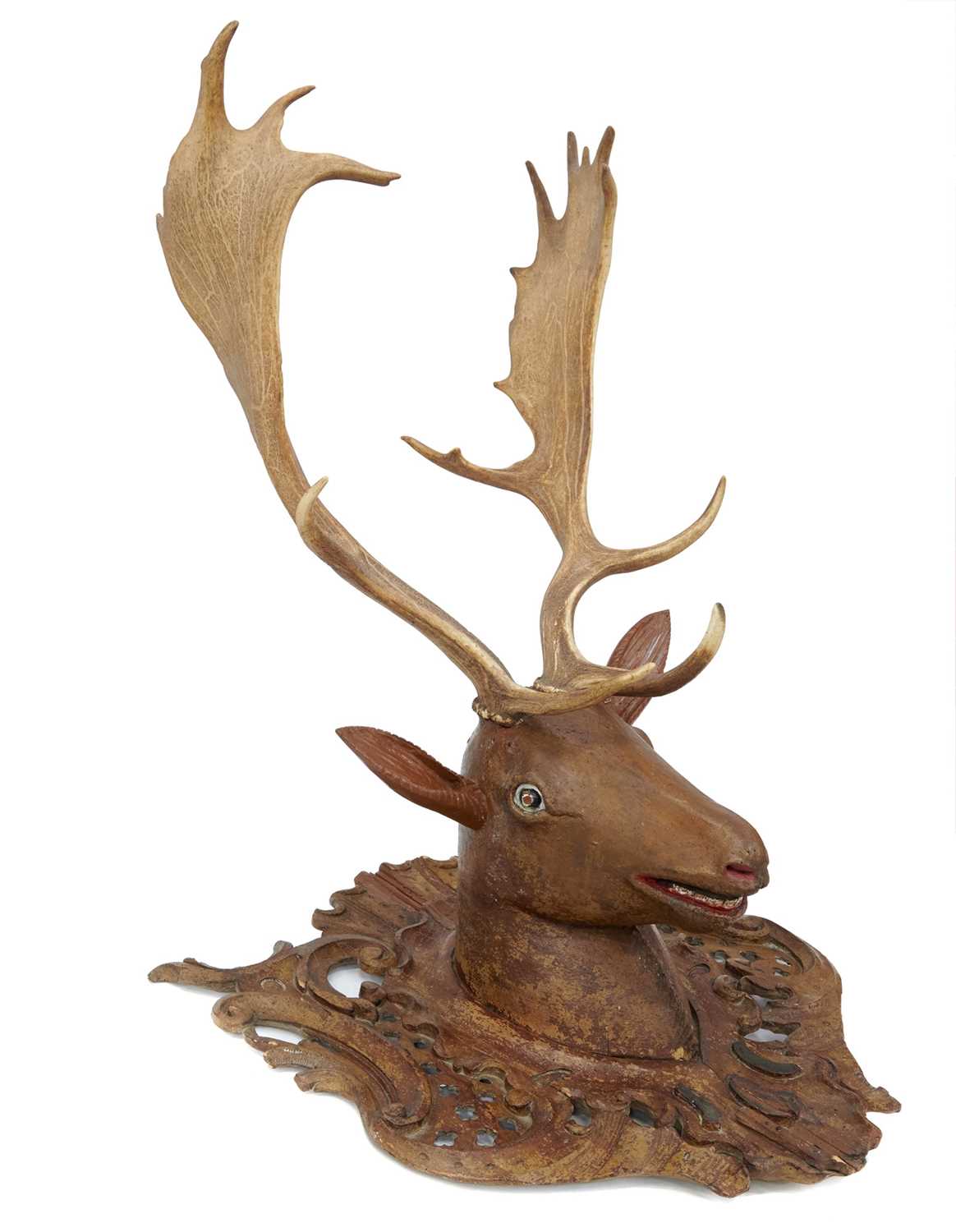 Lot 809 - Rare mid-18th century German hunting lodge carved wooden polychrome stag with fallow deer antlers