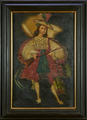 Lot 1203 - Early 19th century South American School oil on canvas laid on board - An Angel, 57cm x 37cm, framed