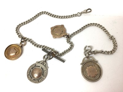 Lot 253 - Silver albert chain with two 9ct gold fobs and two silver fobs