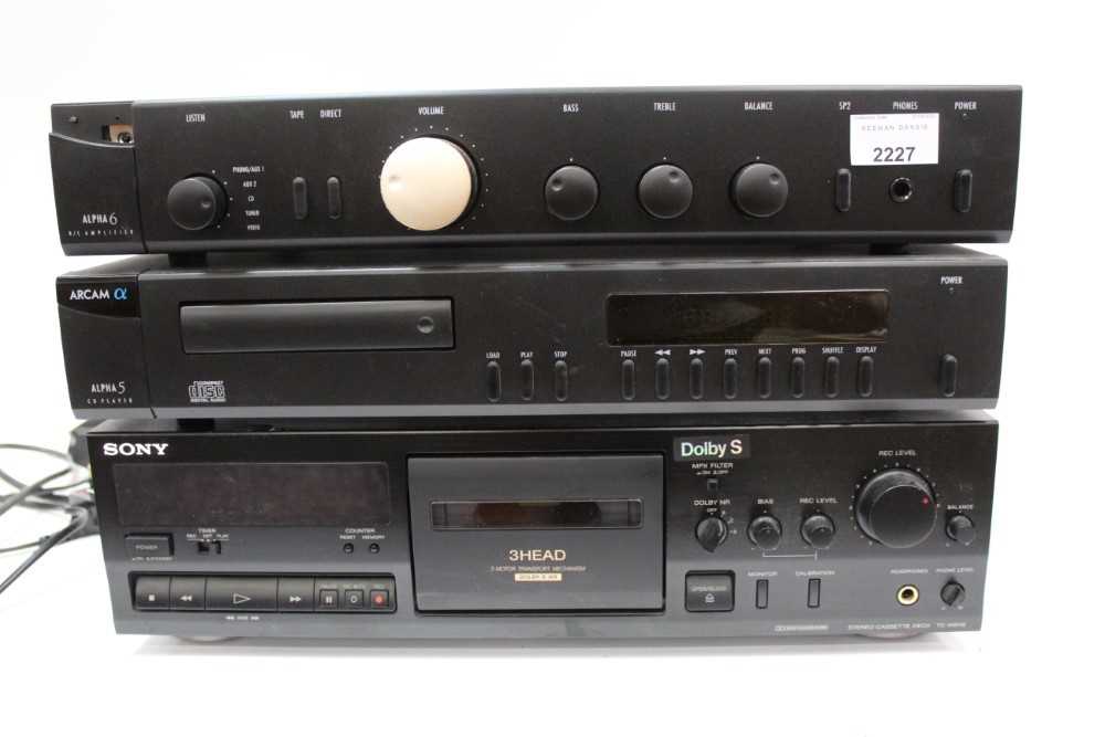 Lot 2227 - Arcam Alpha 5 CD player,  Arcam Alpha 6 amplifier and a Sony tape deck, plus a selection of manuals