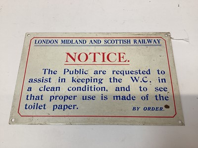 Lot 2612 - Railway interest- London Midland & Scottish Railway (L.M.S.) Notice sign, 'The Public are requested to assist in keeping the W.C. in a clean condition, and to see that proper use is made of the toi...