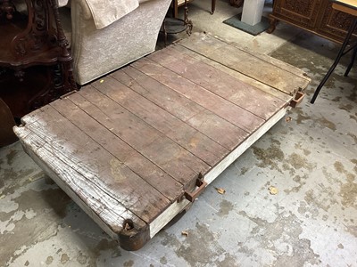 Lot 174 - Vintage pine and cast iron Lineberry railway station porters trolley, 152cm, two others. (3)