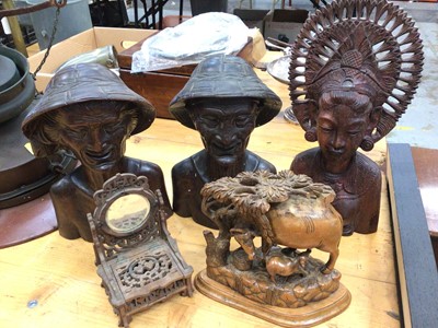 Lot 2649 - Pair of Chinese carved wooden busts, together with other Indian and African carvings