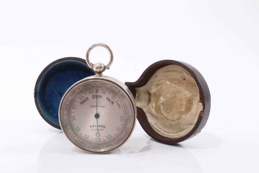Lot 2662 - Good quality Victorian silver cased pocket barometer by Dollond,London ( London 1873) 4.8 cm diameter in original leather case