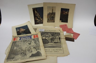 Lot 1451 - Box of ephemera including Coronation Day 1937 Daily Telegraph Supplement, 1953 Sunday Graphic, various prints, Salisbury hand-coloured etchings, 1946 Victory message, photographs of religious scene...