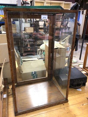 Lot 2676 - Old oak framed shop table top display cabinet with glazed sides and rear door and two adjustable glazed shelves 46 cm wide, 76 cm high, 38 cm deep with makers  label