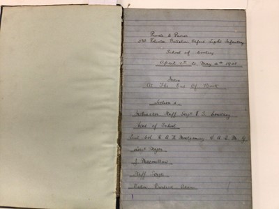 Lot 1495 - 1905 journal handwritten by Private Pavier 2nd Volunteer Battalion, Oxford Light Infantry, School of Cookery. Journal gives instructions on visiting a kitchen, construction and methods of use, of v...