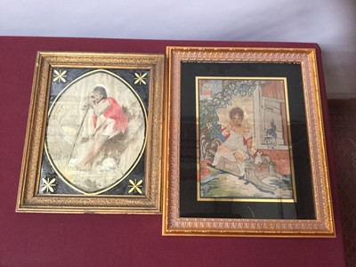 Lot 2137 - Two 19th century embroidered silk pictures, two woven silk book marks and coloured print of Bemmerton church and vicarage. All framed and glazed .  Plus an embroidered hand held face protector.