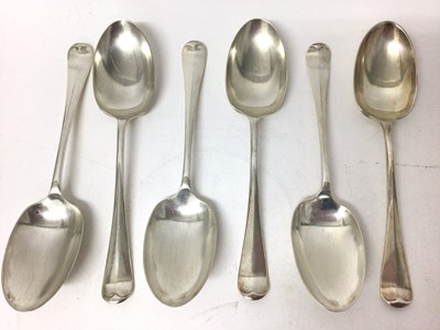 Lot 280 - Six George V Hanovarian Rat Tail pattern table spoons, (Sheffield 1931), maker Viners, all at 15ozs