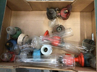 Lot 2701 - One box of miniature oil lamps, a carriage lamp and a railway lamp