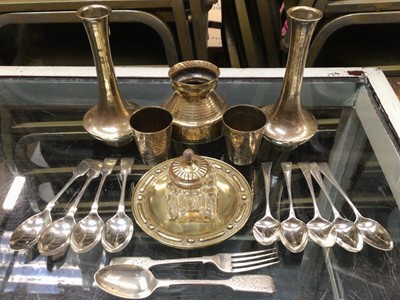 Lot 1052 - Five Georgian silver teaspoons, silver spoon and fork set, four silver plated teaspoons and a group of brass ware