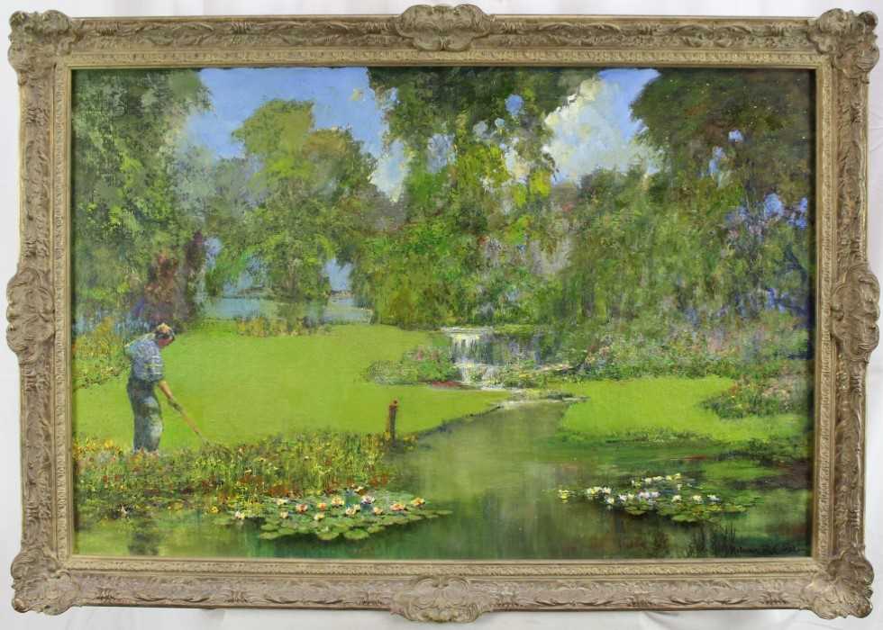 Lot 1017 - Norman Coker, contemporary, oil on board - The Gardener, signed, 58cm x 89cm, in gilt frame