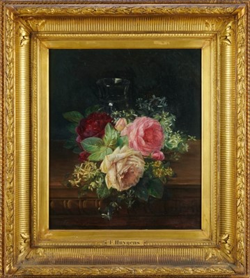 Lot 1321 - Francois Joseph Huygens (1820-1908) oil on mahogany panel - Still Life of Roses, signed and dated 1877