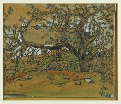 Lot 1148 - Jessie Marion King (1875-1949) pen and watercolour on card- cottage and tree, signed, in glazed frame