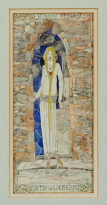 Lot 1121 - Jessie Marion King (1875-1949), watercolour - ‘Jehane of the Golden Girdle’, 13cm x 29cm in glazed frame