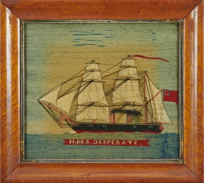 Lot 1176 - 19th century woolwork picture - ‘HMS Desperate’, 32cm x 28cm in glazed frame