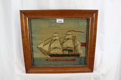 Lot 1176 - 19th century woolwork picture - ‘HMS Desperate’, 32cm x 28cm in glazed frame