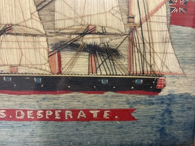 Lot 1176 - 19th century woolwork picture - ‘HMS Desperate’, 32cm x 28cm in glazed frame