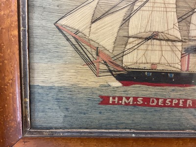 Lot 1176 - 19th century woolwork picture - ‘HMS Desperate’, 32cm x 28cm in glazed frame