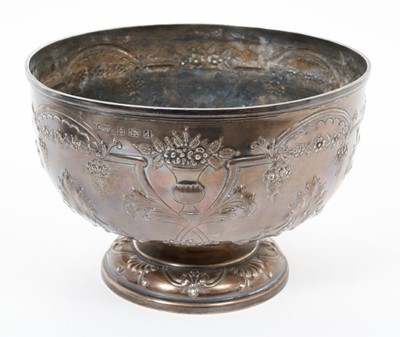 Lot 370 - Edwardian silver rose bowl of circular form with embossed floral decoration, raised on pedestal foot, (Birmingham 1903), maker Elkington & Co, all at 20ozs, 20cm in overall diameter.