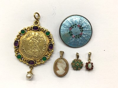 Lot 804 - 9ct gold mounted cameo pendant, two other 9ct gold gem set cluster pendants, antique silver enamelled brooch and a gilt metal coin pendant set with cabochons