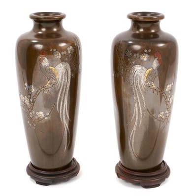 Lot 777 - Pair of Japanese bronze and mixed metal vases