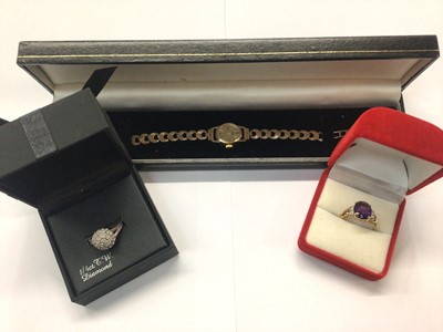 Lot 1006 - 9ct gold Rotary wristwatch, 9ct gold amethyst ring, silver diamond cluster ring