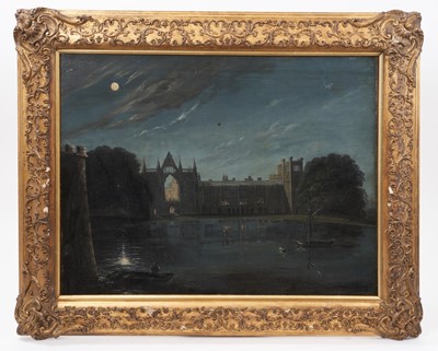 Lot 1262 - Attributed to Henry Pether (1800-c.1865), oil on canvas - Newstead Abbey by Moonlight, inscribed and titled verso, 43cm x 55cm, in gilt frame