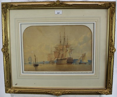 Lot 967 - Attributed to William Joy (1803-1867), watercolour - H.M.S. Captain on Harbour Duty, 26cm x 39cm, in glazed gilt frame