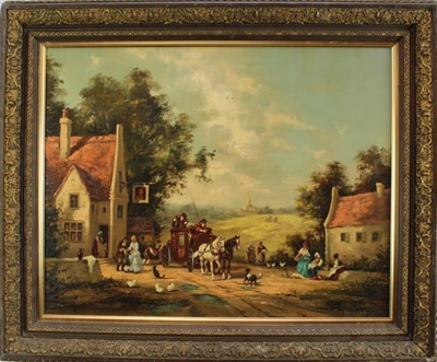 Lot 973 - Gudrun Sibbons (b.1925) oil on canvas - Coaching scene, signed, 51cm x 66cm, in gilt frame