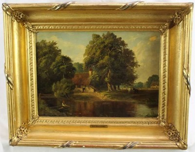 Lot 1222 - Attributed to Edward Charles Williams, oil on canvas boatman and cottage in a landscape