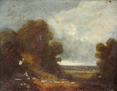 Lot 1065 - Manner of John Constable (1776-1837) oil on canvas - figure in extensive landscape, inscribed verso, 28cm x 36cm, in gilt frame