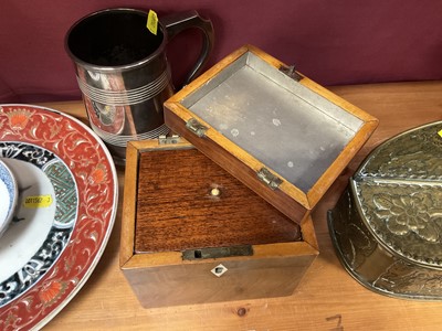 Lot 127 - Dutch brass candle box, tea caddy, Japanese dish, silver plated tankard, silver cup