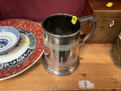 Lot 127 - Dutch brass candle box, tea caddy, Japanese dish, silver plated tankard, silver cup