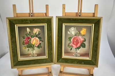 Lot 1097 - James Noble (1919-1989) pair of oils on canvas and board - still life roses, signed, 24cm x 19cm, framed