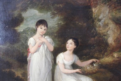 Lot 1052 - Norwich School, early 19th century, oil on canvas - portrait of two sisters with pet doves in woodland, believed to be the daughters of Samuel and Elizabeth Gurney