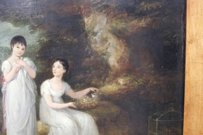 Lot 1052 - Norwich School, early 19th century, oil on canvas - portrait of two sisters with pet doves in woodland, believed to be the daughters of Samuel and Elizabeth Gurney