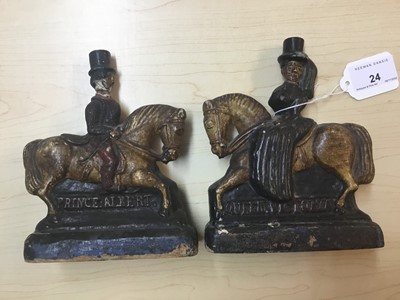 Lot 24 - Pair of folk art carved wood Victoria and Albert on horseback, c.1850, with original paint