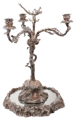 Lot 744 - Victorian silver plated table centre three branch candelabrum on 
mirrored base.