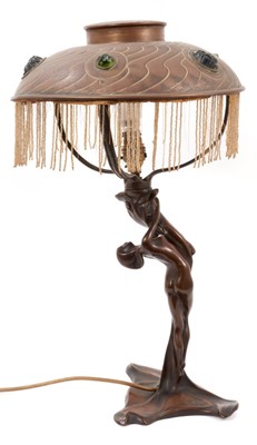 Lot 724 - Art Nouveau bronzed naked female table lamp with metal shade 
and moulded glass jewels.