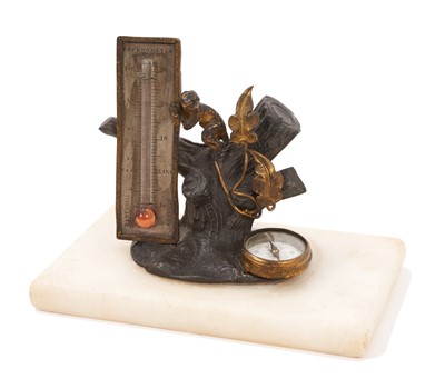 Lot 1061 - 19th century Continental desk weight combination thermometer and compass in the form of a bronze tree trunk with a monkey sitting and clustching the thermometer, compass below, on alabster base