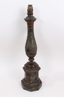 Lot 1011 - 19th century toleware table lamp in the Empire style, the coloumn painted in marble effect with bronzed metal mounts