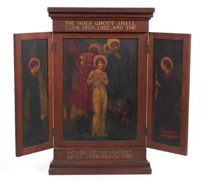 Lot 700 - Follower of Edward Coley Burne-Jones, oak triptych - The Holy Ghost Shall Come 
Upon Thee.
