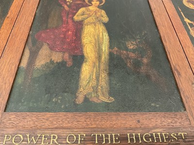 Lot 700 - Follower of Edward Coley Burne-Jones, oak triptych - The Holy Ghost Shall Come 
Upon Thee.