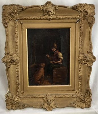 Lot 82 - English School 19th century, oil on panel, Boy with dog, 15cm x 21cm in gilt frame