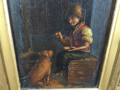 Lot 82 - English School 19th century, oil on panel, Boy with dog, 15cm x 21cm in gilt frame